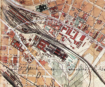 Detalle del Plano de Facundo Caada de 1900, en el que se aprecia la estacin de Atocha y las nuevas construcciones de la poca