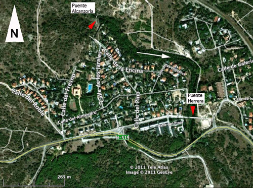 Foto satélite (Google Earth) de la localización del Puente de Herrera (40º35'01.61" N, 3º57'58.53" O. 30 T 0418242, UTM 4493007 ±3m)
