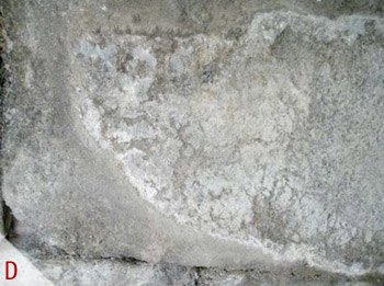 D - Rejuntado con mortero de cemento de la sillera de las bvedas del puente y eflorescencias salinas asociadas