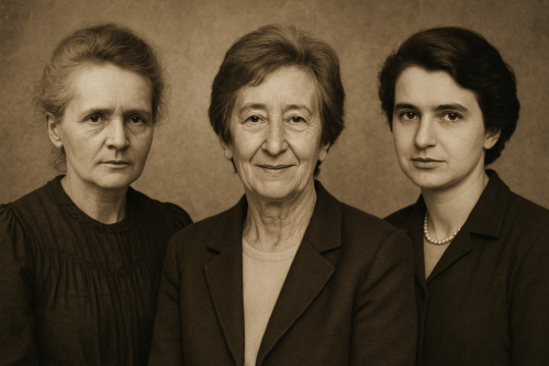 En tono sepia Marie Curie, Margarita Salas y Rosalind Franklin. Imagen generada con IA