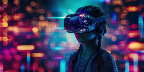 Niña con unas gafas de realidad virtual en un ambiente futurista. 