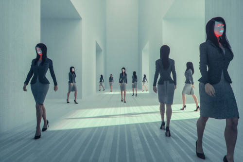 Muchas mujeres idénticas yendo en diferentes direcciones en un entorno surrealista