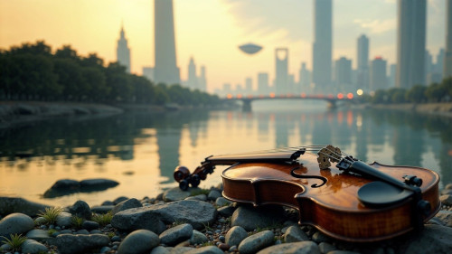 Violín a la orilla de un río en una ciudad futurista. Imagen de ThankYouFantasyPictures en Pixabay