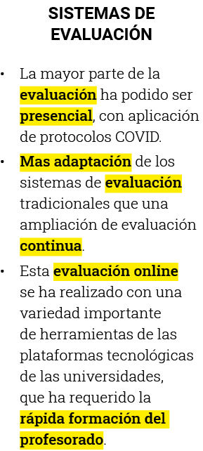 SISTEMAS DE EVALUACIÓN La mayor parte de la evaluación ha podido ser presencial, con aplicación de protocolos COVID     