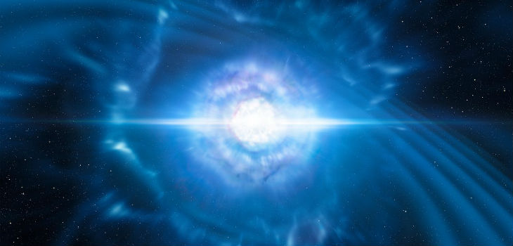 Esta ilustración muestra a dos pequeñas, pero muy densas, estrellas de neutrones en el punto en el que se fusionan y explotan como una kilonova. / ESO/L. Calçada/M. Kornmesser