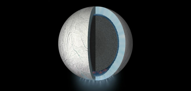 Ilustración del artista que muestra una vista en corte en el interior de la luna de Saturno Encélado. / NASA/JPL-Caltech