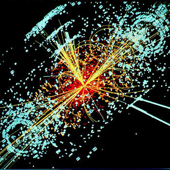 Un ejemplo de simulación a partir de los datos de la desintegración dos protones de muy alta energía generando un Bosón de Higgs en el decaimiento en dos haces de hadrones y dos electrones en el detector CMS del LHC en el CERN. Las lineas representan las posibles vias de desintegración, mientras que la zona en azul claro representa la energía obtenida en la desintegración de las partículas en el detector. / Lucas Taylor / CERN