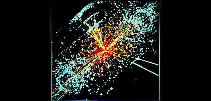 Un ejemplo de simulación a partir de los datos de la desintegración dos protones de muy alta energía generando un Bosón de Higgs en el decaimiento en dos haces de hadrones y dos electrones en el detector CMS del LHC en el CERN.  / Lucas Taylor / CERN (WIKIMEDIA)