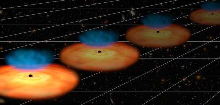 Midiendo la expansión del Universo. / ESA (artist's impression and composition), NASA/ESA/Hubble (background galaxies), CC BY-SA 3.0 IGO