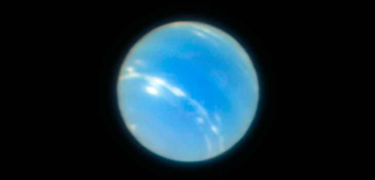 Esta imagen del planeta Neptuno fue obtenida durante las pruebas del modo de óptica adaptativa de campo estrecho en el instrumento MUSE/GALACSI, instalado en el VLT (Very Large Telescope) de ESO. / ESO/P. Weilbacher (AIP)