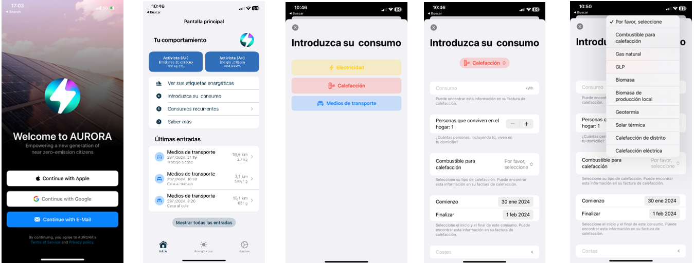 Fig. 2. Imágenes tomadas de distintas pantallas de AURORA Energy Tracker (Elaboración propia, UPM)