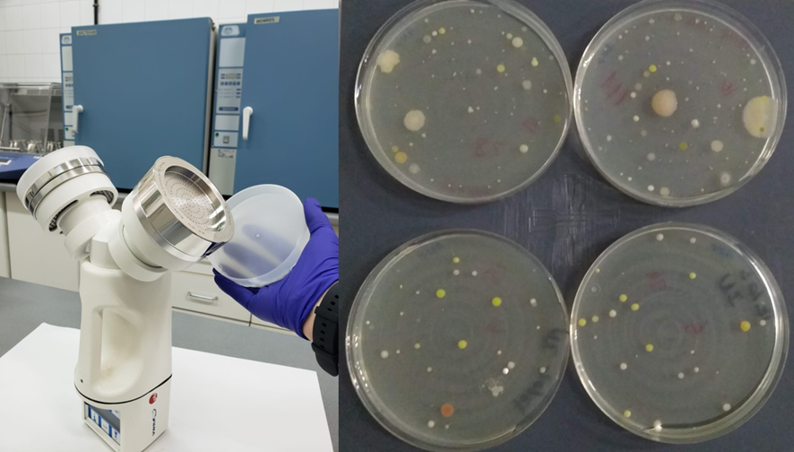Muestreador de aire utilizado en la investigación (izq.) y placas de cultivo con algunas bacterias aisladas del aire (drcha). (Fuente: AIRTEC-CM)