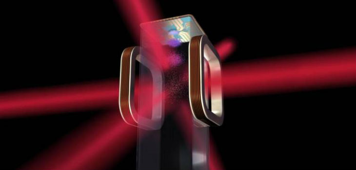 Ilustración artística de una trampa magnetoóptica y un chip atómico como el que va a ser utilizado por el (CAL) de la NASA a bordo de la Estación Espacial Internacional. / NASA/JPL-Caltech