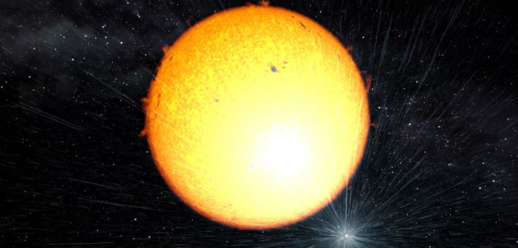 El púlsar masivo en el sistema binario PSR J2215+5135, illustrado en la Figura, calienta la cara interna de su estrella compañera. / G. Pérez-Díaz/IAC