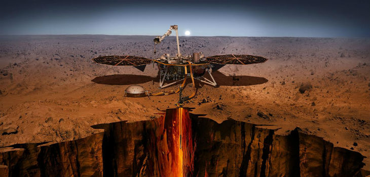  Representación artística del «Insight» desplegado sobre la tierra de Marte - JPL/ NASA 