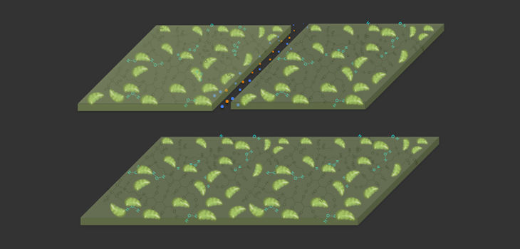 Los diagramas ilustran las propiedades de autocuración del nuevo material. En la parte superior, se crea una grieta en el material, que se compone de un hidrogel (verde oscuro) con cloroplastos derivados de plantas (verde claro) incrustados en él. En la parte inferior, en presencia de luz, el material reacciona con el dióxido de carbono en el aire para expandir y llenar el vacío, reparando el daño. / Cortesía de los investigadores (MIT) (CC BY-NC-ND 3.0)