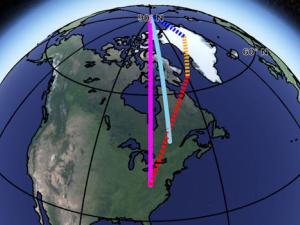 Dirección observada del movimiento polar, que se muestra como una línea azul clara, en comparación con la suma (línea rosa) de la influencia de la pérdida de hielo de Groenlandia (azul), el rebote postglacial (amarillo) y la convección del manto profundo (rojo). La contribución de la convección del manto es altamente incierta. / NASA/ JPL-Caltech 