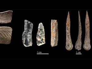 Cerámica cardial , útiles de piedra, vistas de un punzón de hueso de oveja y ornamentos de caracoles. / M. Sanz y J. Daura