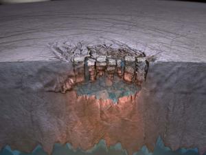 El concepto de este artista representa el "Gran Lago" de Europa. / Britney Schmidt/Dead Pixel VFX/Univ. of Texas at Austin. 