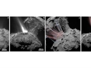 Coma de polvo en la región del cuello de 67P en la misma hora local pero observada desde perspectivas diferentes. (a y b) La coma de polvo se observa de frente al valle del cuello y a lo largo del valle del cuello, respectivamente. (c y d) Trayectorias simuladas de partículas de polvo, para (a) y (b) respectivamente, teniendo en cuenta el campo de gas de toda la región Hapi. Las trazas azules representan trayectorias de partículas de polvo emitidas desde el terminador, y las trazas rojas representan las del