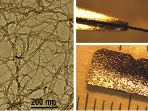 Material compuesto basado en el acetato de gadolinio y nanotubos de carbono. Derecha: vista a escala  nanométrica a través de un microscopio electrónico de transmisión. Izquierda: vista de la lámina (CSIC)