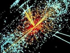 Un ejemplo de simulación a partir de los datos de la desintegración dos protones de muy alta energía generando un Bosón de Higgs en el decaimiento en dos haces de hadrones y dos electrones en el detector CMS del LHC en el CERN. Las lineas representan las posibles vias de desintegración, mientras que la zona en azul claro representa la energía obtenida en la desintegración de las partículas en el detector. / Lucas Taylor / CERN