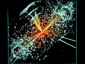 Un ejemplo de simulación a partir de los datos de la desintegración dos protones de muy alta energía generando un Bosón de Higgs en el decaimiento en dos haces de hadrones y dos electrones en el detector CMS del LHC en el CERN.  / Lucas Taylor / CERN (WIKIMEDIA)