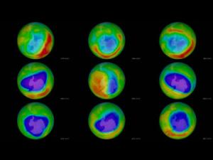 Evolución del agujero en la capa de ozono sobre la Antártida en octubre entre 1979 y 2017. / NASA/GSFC