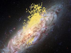 Fusión galáctica. / ESA (impresión y composición artística); Koppelman, Villalobos y Helmi (simulación); NASA / ESA / Hubble (imagen de galaxia), (CC BY-SA 3.0 IGO)