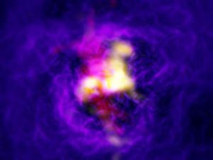 Composición del cúmulo de galaxias Abell 2597 mostrando el flujo de gas en forma de fuente, alimentado por el agujero negro supermasivo de la galaxia central. / ALMA (ESO/NAOJ/NRAO), Tremblay et al.; NRAO/AUI/NSF, B. Saxton; NASA/Chandra; ESO/VLT