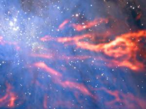 Esta espectacular e inusual imagen muestra parte de la famosa nebulosa de Orión, una región de formación estelar que se encuentra a unos 1350 años luz de la Tierra. / ESO/H. Drass/ALMA (ESO/NAOJ/NRAO)/A. Hacar
