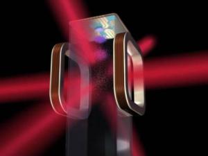 Ilustración artística de una trampa magnetoóptica y un chip atómico como el que va a ser utilizado por el (CAL) de la NASA a bordo de la Estación Espacial Internacional. / NASA/JPL-Caltech