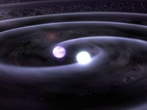 Ilustración de un sistema binario de estrellas de neutrones en proceso de fusión, con emisión de ondas gravitatorias. / GSFC/D.Berry.
