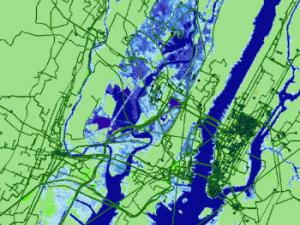  Inundación de agua de mar proyectada para la ciudad de Nueva York para 2033 y su efecto en la infraestructura de Internet. Se estima que cualquier cosa en las áreas con sombra azul estará bajo el agua en 15 años. / PAUL BARFORD