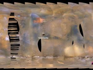 Este conjunto de imágenes del Mars Reconnaissance Orbiter (MRO) de la NASA muestra una feroz tormenta de polvo gigante que está surgiendo en Marte, con rovers en la superficie indicados como iconos. / NASA/JPL-Caltech/MSSS (PIXABAY)