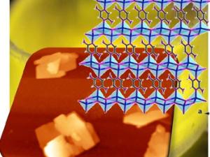 Estructura laminar del compuesto emitiendo en el amarillo a bajas temperaturas, e imágen de microscopia de fuerzas atómicas donde se ven láminas de unos nanometros de espesor. /UAM