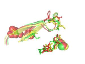 Vista del centro activo de la retrotranscriptasa mostrando cambios estructurales que se asocian con resistencia a fármacos antirretrovirales.