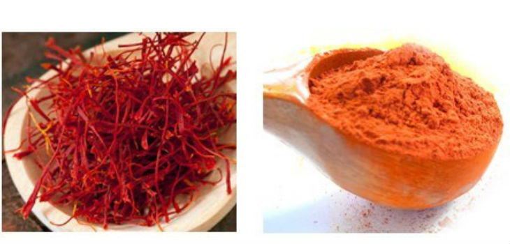 A la izquierda materia prima de estigmas de azafrán (Crocus sativus L), y a la derecha el correspondiente extracto natural affron® con el que se ha realizado el estudio.