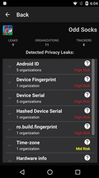 Interfaz de usuario de Lumen en la que se muestran los datos que se están filtrando y sus riesgos para la privacidad, encontrados en un juego llamado Odd Socks para móviles Android. ICSI, CC BY-ND.
